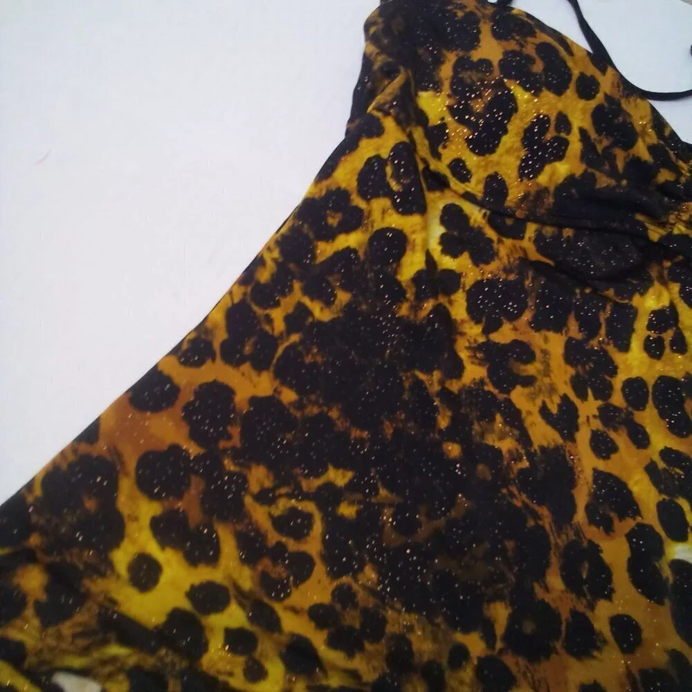 Jaclyn Smith Tankini Top Women 18 Swim Halter Padded Cup Animal Print Black Gold